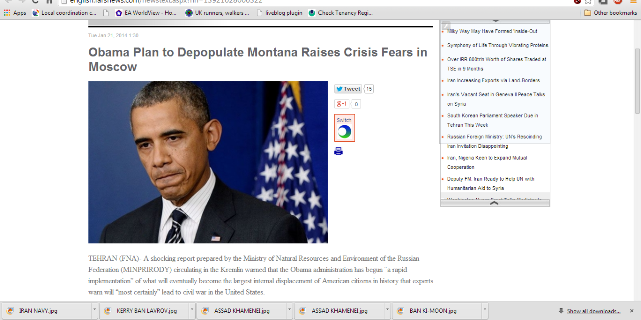 Iran: Tehran’s Latest Scoop “Obama Plans to Depopulate Montana — Civil War a Certainty”