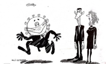 Cartoonist Ali Ferzat caricature of news that Bashar al-Assad and wife Asma have contracted Coronavirus