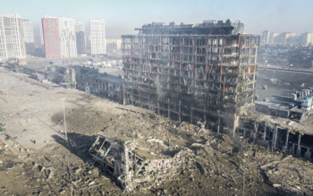 KYIV, UKRAINE - MARCH 21: An aerial view of the completely destroyed shopping mall after a Russian shelling in Kyiv, Ukraine on March 21, 2022. (Photo by Emin Sansar/Anadolu Agency via Getty Images)