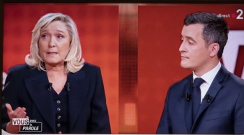Interior Minister Gérald Darmanin (R)) and Marine Le Pen during a debate on Vous Avez La Parole, Paris, February, 11 2021 (Laure Boyer/Hans Lucas/AFP)